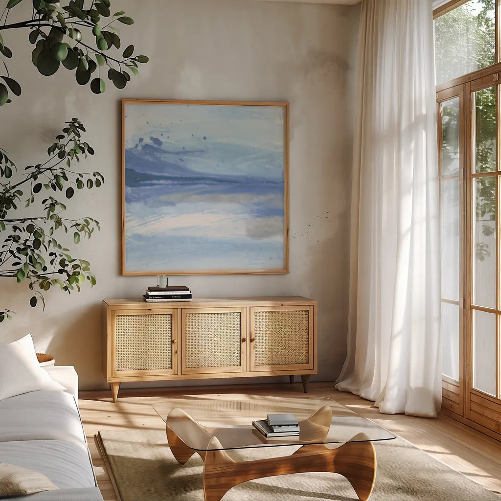 Reactions I by Chris Paschke. Shown in a natural wood frame in a cozy modern living room. Available as an archival giclee rolled canvas, fine art paper, or poster print. SKU 74352a.