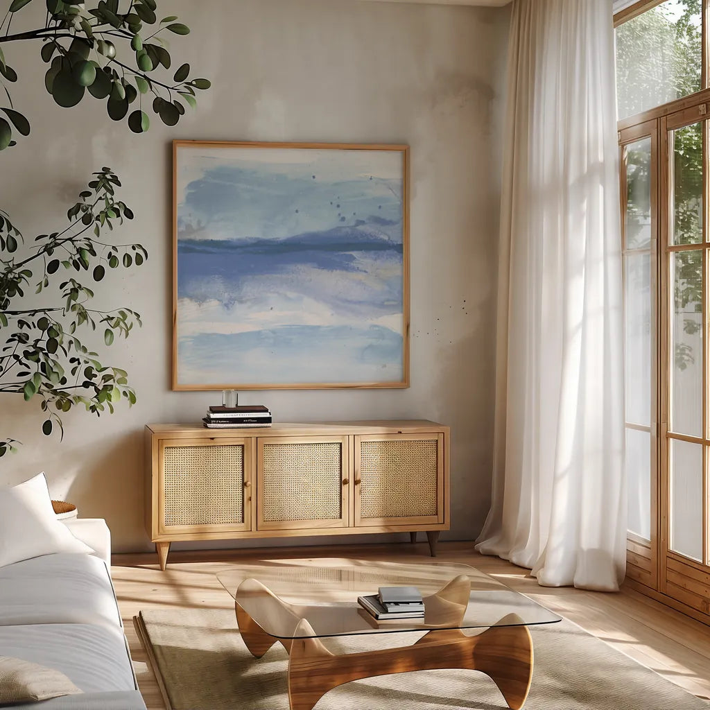 Reactions II by Chris Paschke. Shown in a natural wood frame in a cozy modern living room. Available as an archival giclee rolled canvas, fine art paper, or poster print. SKU 74353a.