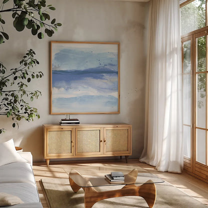 Reactions II by Chris Paschke. Shown in a natural wood frame in a cozy modern living room. Available as an archival giclee rolled canvas, fine art paper, or poster print. SKU 74353a.