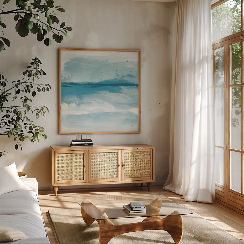 Reactions II Bright by Chris Paschke. Shown in a natural wood frame in a cozy modern living room. Available as an archival giclee rolled canvas, fine art paper, or poster print. SKU 75628a.