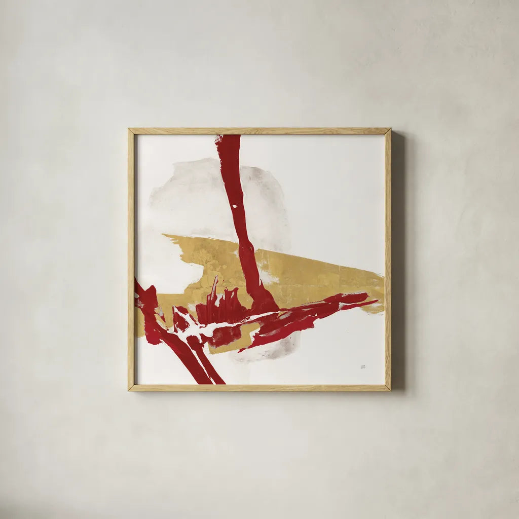 Red Gold IV by Chris Paschke. Shown in a natural wood glass frame for a timeless modern aesthetic. Available as an archival giclee rolled canvas, fine art paper, or poster print. SKU 55983a.