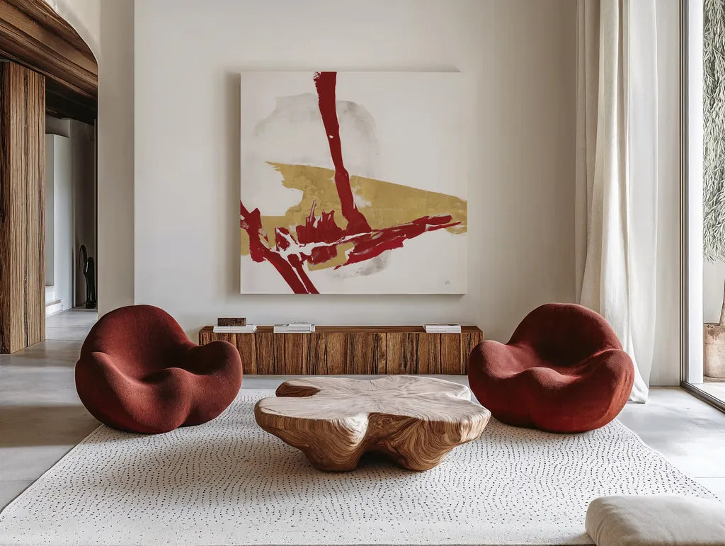 Red Gold IV by Chris Paschke. Shown as extra-large giant wall art in a modern living room. Available as an archival giclee rolled canvas, fine art paper, or poster print. SKU 55983a.