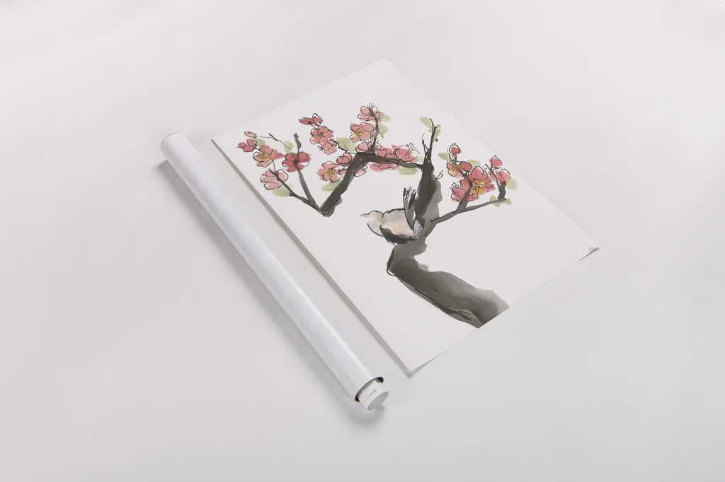 Red Plum Branch I by Chris Paschke. shown as a rolled paper print. Available as archival giclee rolled canvas, fine art paper, or poster print. SKU 100168h.