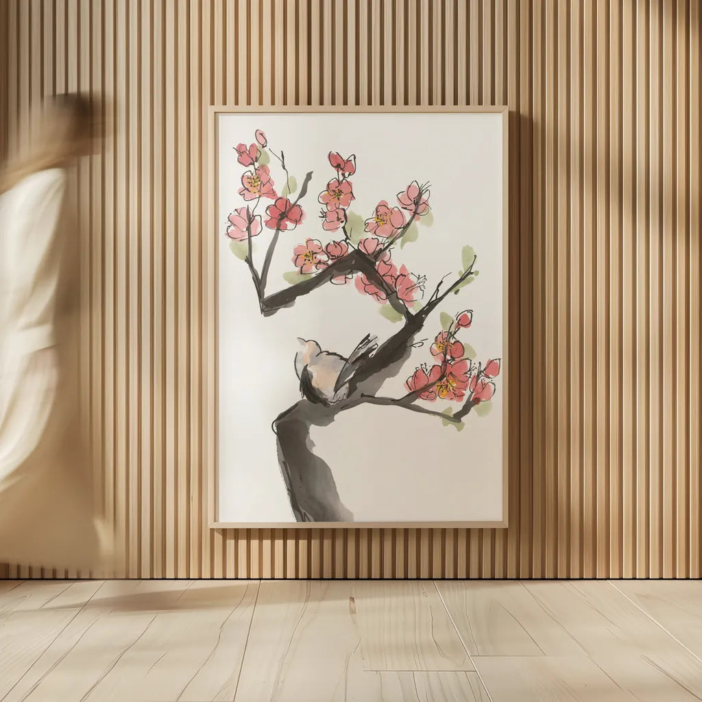 Red Plum Branch I by Chris Paschke. shown as over sized large wall art. Available as an archival giclee rolled canvas, fine art paper, or poster print. SKU 100168h.