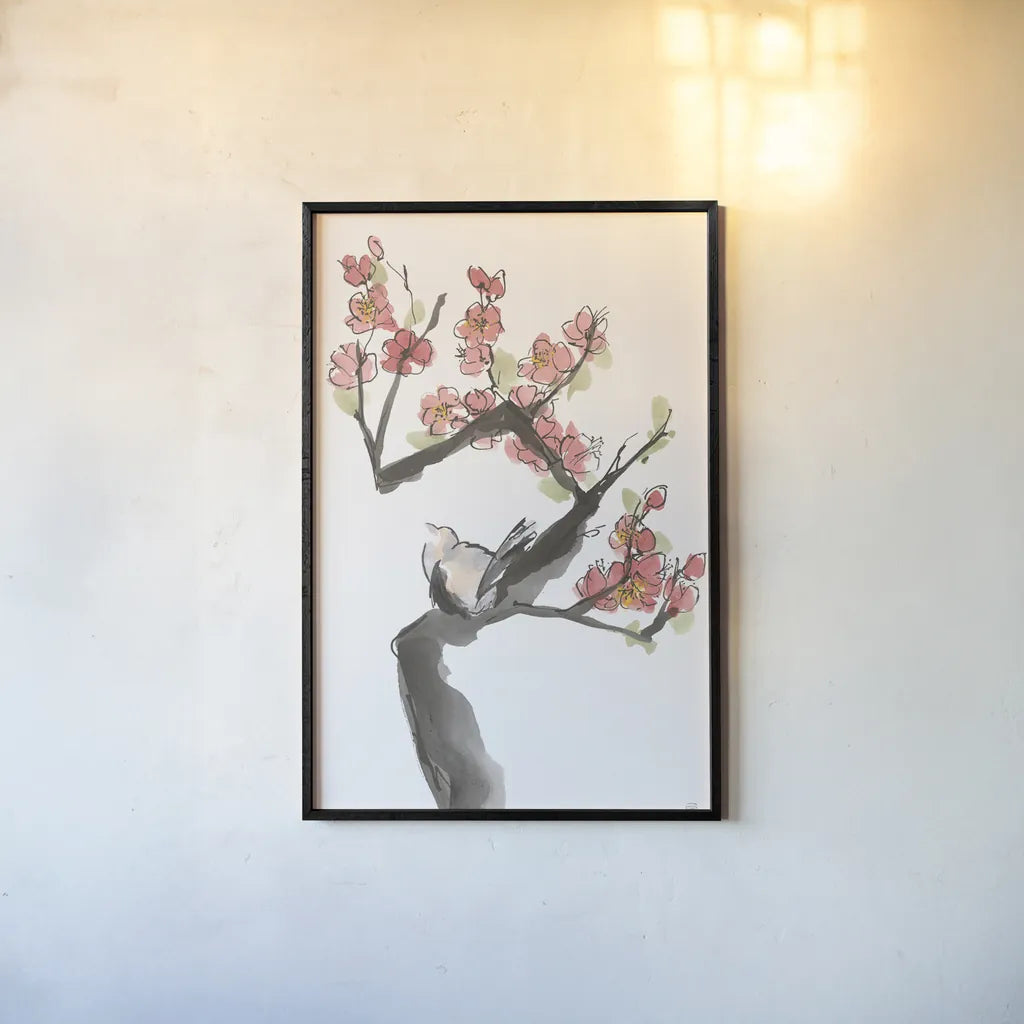 Red Plum Branch I by Chris Paschke. shown as a paper print in a black flame. Available as a archival giclee rolled canvas, fine art paper, or poster print. SKU 100168h.