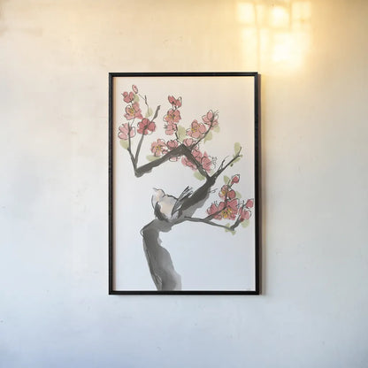 Red Plum Branch I by Chris Paschke. shown as a paper print in a black flame. Available as a archival giclee rolled canvas, fine art paper, or poster print. SKU 100168h.