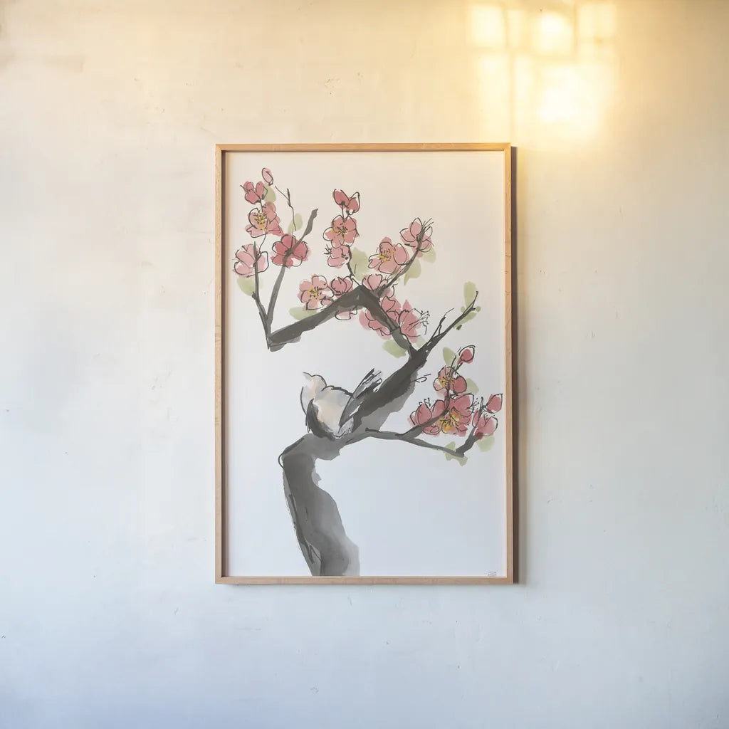 Red Plum Branch I by Chris Paschke. shown as a paper print in a natural frame. Available as a archival giclee rolled canvas, fine art paper, or poster print. SKU 100168h.