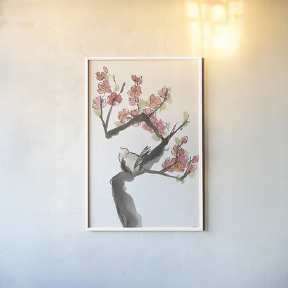 Red Plum Branch I by Chris Paschke. shown as a paper print in a white frame. Available as a archival giclee rolled canvas, fine art paper, or poster print. SKU 100168h.
