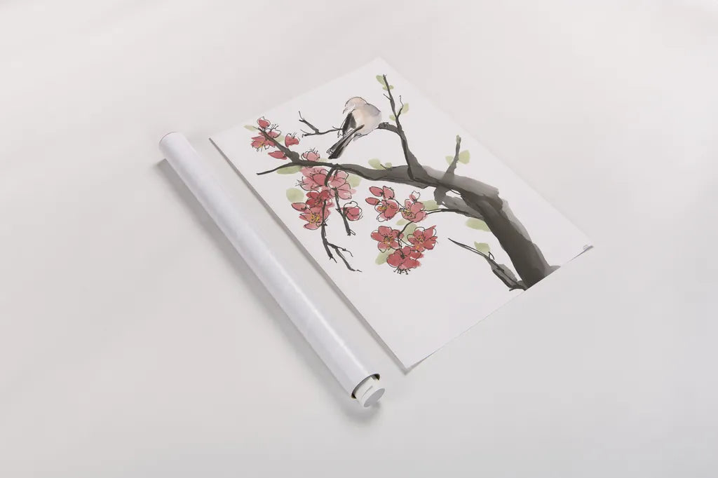 Red Plum Branch II by Chris Paschke. shown as a rolled paper print. Available as archival giclee rolled canvas, fine art paper, or poster print. SKU 100169h.