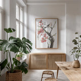 Red Plum Branch II by Chris Paschke. shown as a print in a natural wood frame in a dining room. Available as a archival giclee rolled canvas, fine art paper, or poster print. SKU 100169h.