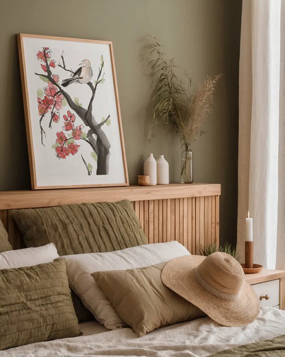 Red Plum Branch II by Chris Paschke. shown as a paper print in a natural frame. Available as a archival giclee rolled canvas, fine art paper, or poster print. SKU 100169h.