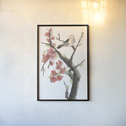 Red Plum Branch II by Chris Paschke. shown as a paper print in a black flame. Available as a archival giclee rolled canvas, fine art paper, or poster print. SKU 100169h.