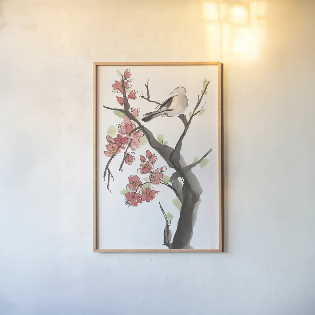 Red Plum Branch II by Chris Paschke. shown as a paper print in a natural frame. Available as a archival giclee rolled canvas, fine art paper, or poster print. SKU 100169h.