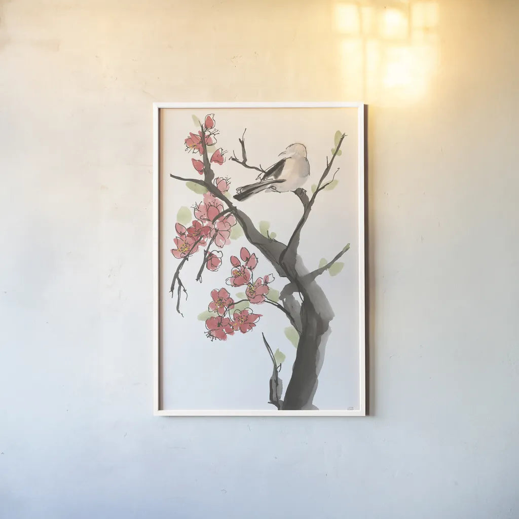 Red Plum Branch II by Chris Paschke. shown as a paper print in a white frame. Available as a archival giclee rolled canvas, fine art paper, or poster print. SKU 100169h.