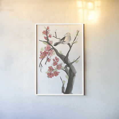 Red Plum Branch II by Chris Paschke. shown as a paper print in a white frame. Available as a archival giclee rolled canvas, fine art paper, or poster print. SKU 100169h.