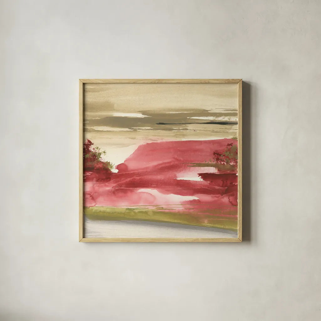 Red Rock I by Chris Paschke. Shown in a natural wood glass frame for a timeless modern aesthetic. Available as an archival giclee rolled canvas, fine art paper, or poster print. SKU 44545a.