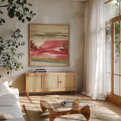 Red Rock I by Chris Paschke. Shown in a natural wood frame in a cozy modern living room. Available as an archival giclee rolled canvas, fine art paper, or poster print. SKU 44545a.