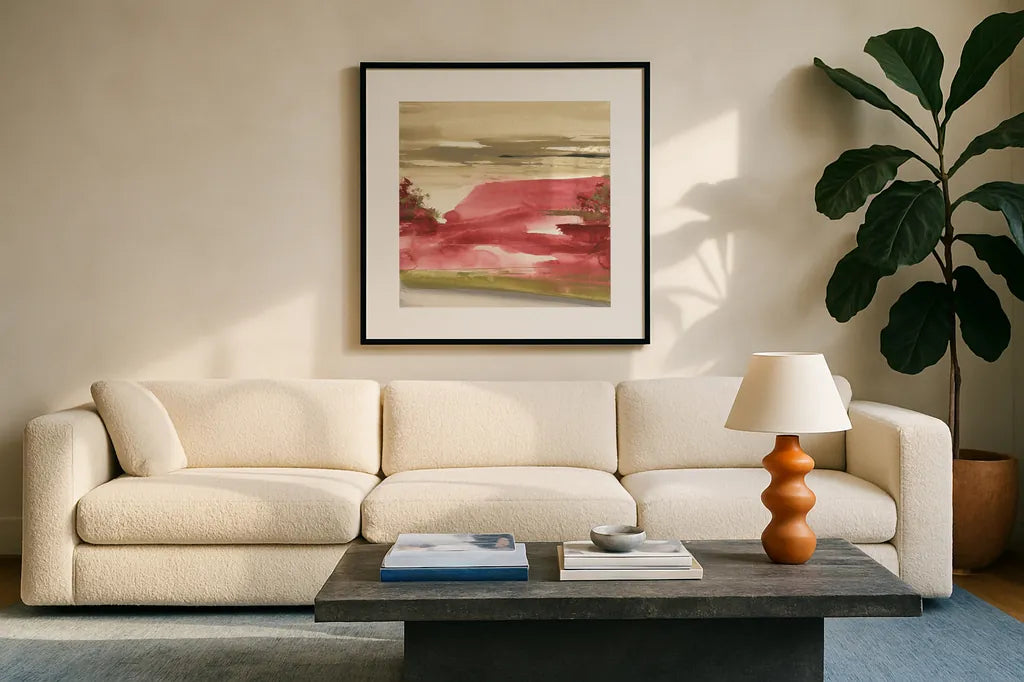 Red Rock I by Chris Paschke. Displayed in a glass frame with matte in a clean modern living room. Available as an archival giclee rolled canvas, fine art paper, or poster print. SKU 44545a.