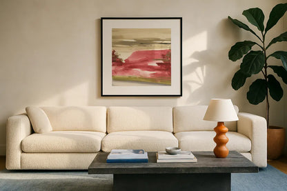 Red Rock I by Chris Paschke. Displayed in a glass frame with matte in a clean modern living room. Available as an archival giclee rolled canvas, fine art paper, or poster print. SKU 44545a.