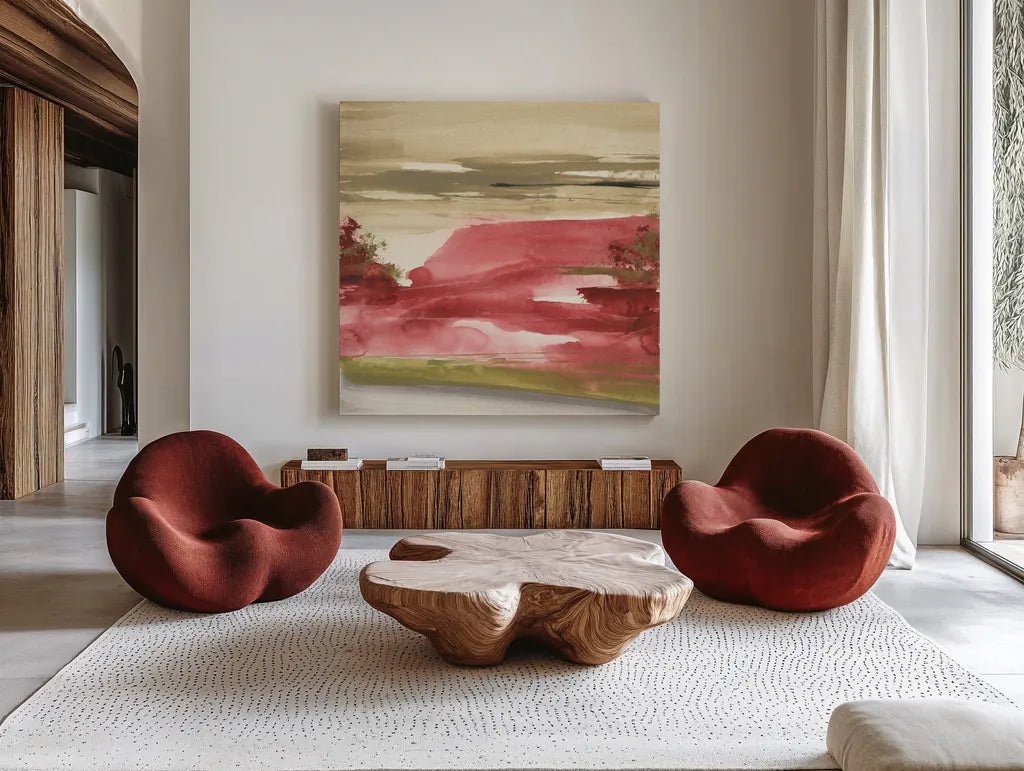 Red Rock I by Chris Paschke. Shown as extra-large giant wall art in a modern living room. Available as an archival giclee rolled canvas, fine art paper, or poster print. SKU 44545a.