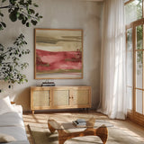 Red Rock II by Chris Paschke. Shown in a natural wood frame in a cozy modern living room. Available as an archival giclee rolled canvas, fine art paper, or poster print. SKU 44546a.