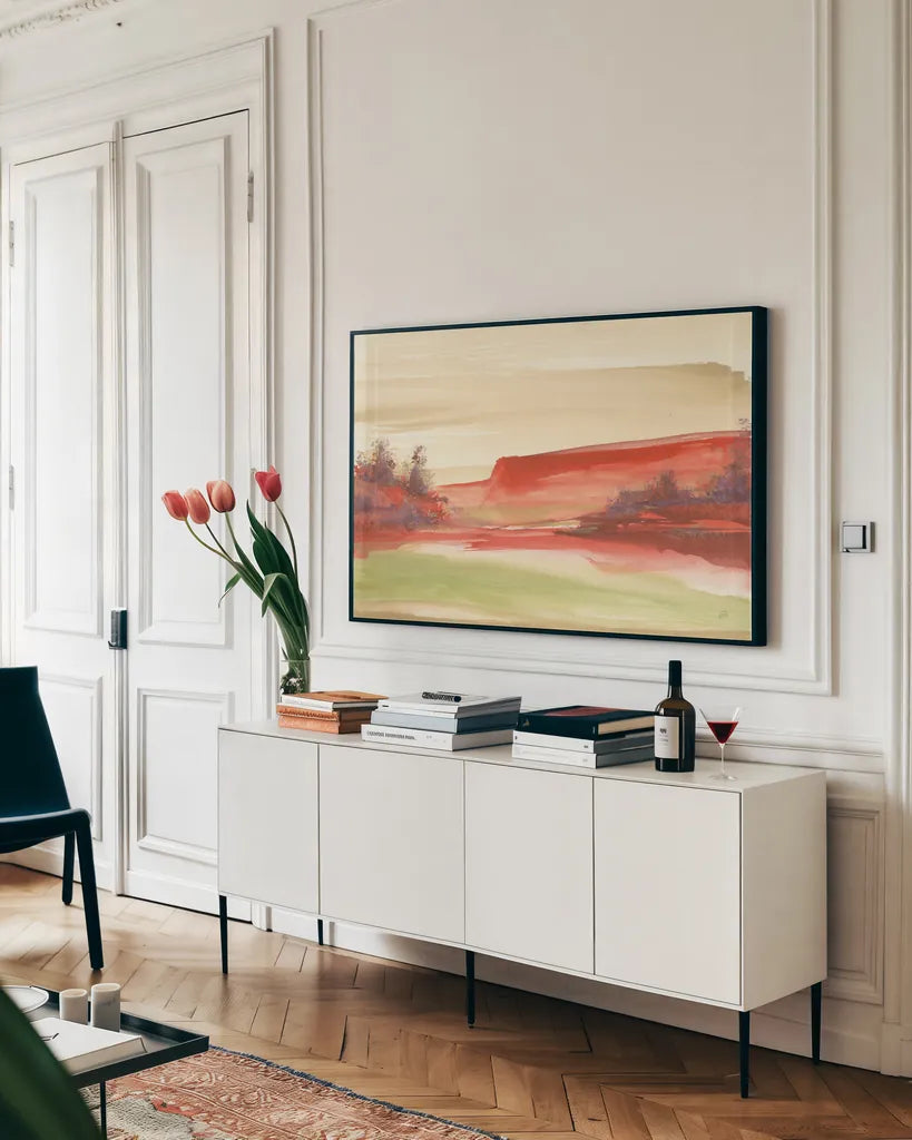 Red Rock III by Chris Paschke. shown as a framed stretched canvas in a living room above a console. Available as a archival giclee rolled canvas, fine art paper, or poster print. SKU 44547i.