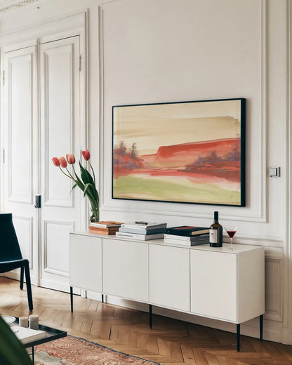 Red Rock III by Chris Paschke. shown as a framed stretched canvas in a living room above a console. Available as a archival giclee rolled canvas, fine art paper, or poster print. SKU 44547i.