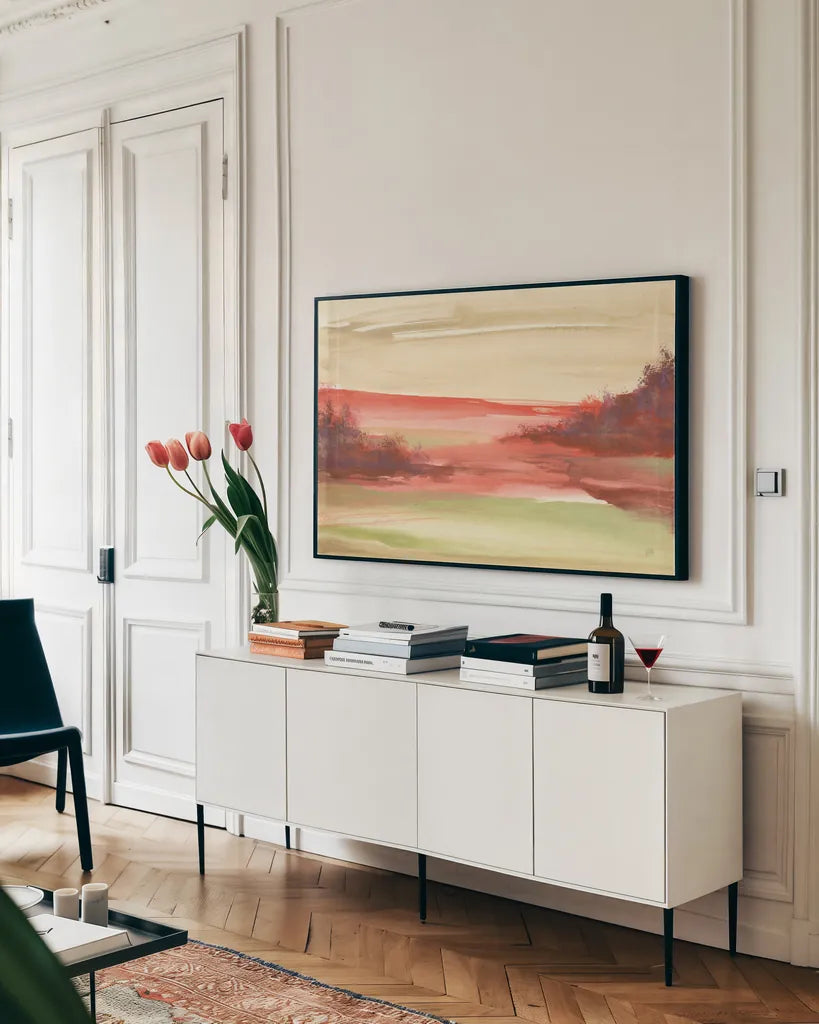 Red Rock IV by Chris Paschke. shown as a framed stretched canvas in a living room above a console. Available as a archival giclee rolled canvas, fine art paper, or poster print. SKU 44548i.