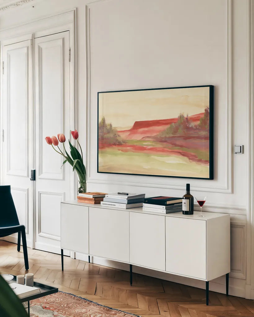 Red Rock V by Chris Paschke. shown as a framed stretched canvas in a living room above a console. Available as a archival giclee rolled canvas, fine art paper, or poster print. SKU 44549i.