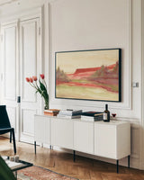 Red Rock V by Chris Paschke. shown as a framed stretched canvas in a living room above a console. Available as a archival giclee rolled canvas, fine art paper, or poster print. SKU 44549i.