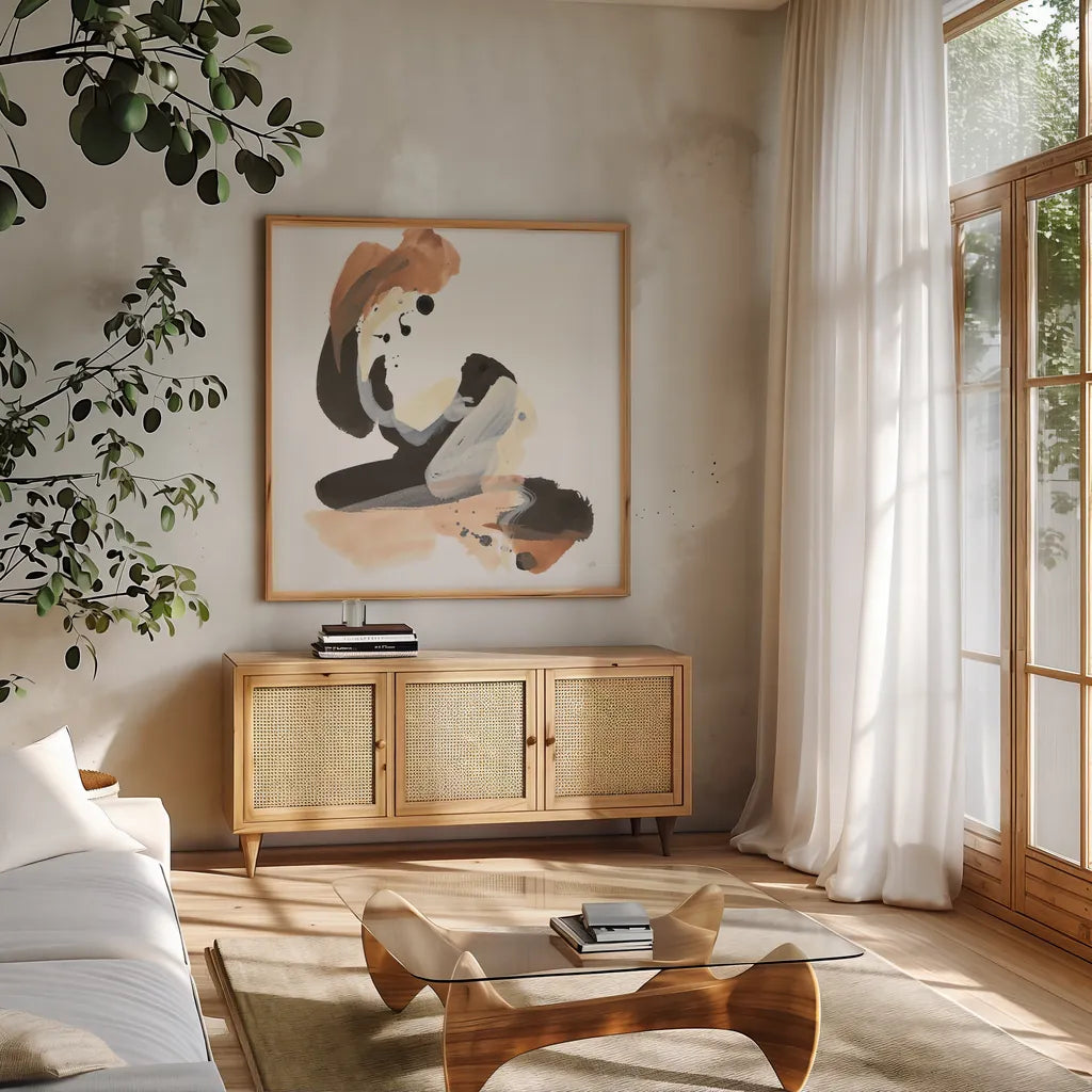 Refined Minimal I by Chris Paschke. Shown in a natural wood frame in a cozy modern living room. Available as an archival giclee rolled canvas, fine art paper, or poster print. SKU 84545a.