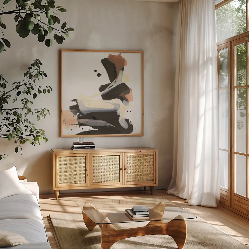 Refined Minimal II by Chris Paschke. Shown in a natural wood frame in a cozy modern living room. Available as an archival giclee rolled canvas, fine art paper, or poster print. SKU 84546a.