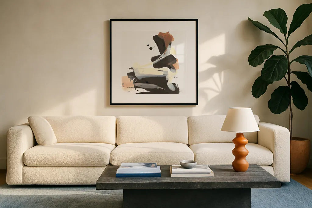 Refined Minimal II by Chris Paschke. Displayed in a glass frame with matte in a clean modern living room. Available as an archival giclee rolled canvas, fine art paper, or poster print. SKU 84546a.
