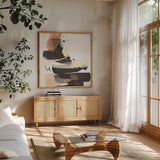 Refined Minimal III by Chris Paschke. Shown in a natural wood frame in a cozy modern living room. Available as an archival giclee rolled canvas, fine art paper, or poster print. SKU 84547a.