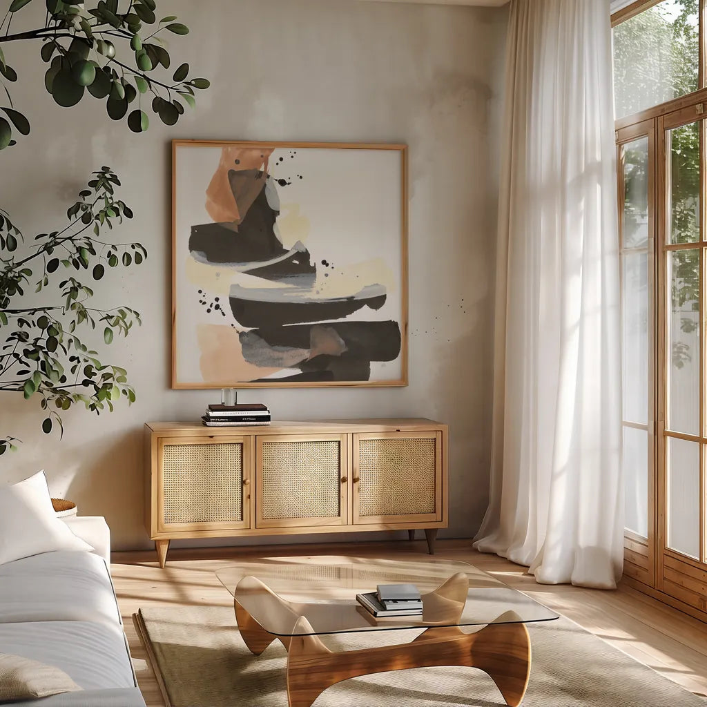 Refined Minimal III by Chris Paschke. Shown in a natural wood frame in a cozy modern living room. Available as an archival giclee rolled canvas, fine art paper, or poster print. SKU 84547a.