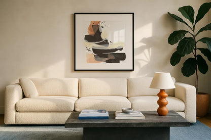 Refined Minimal III by Chris Paschke. Displayed in a glass frame with matte in a clean modern living room. Available as an archival giclee rolled canvas, fine art paper, or poster print. SKU 84547a.