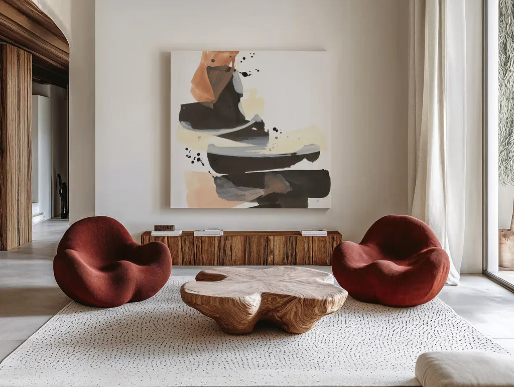 Refined Minimal III by Chris Paschke. Shown as extra-large giant wall art in a modern living room. Available as an archival giclee rolled canvas, fine art paper, or poster print. SKU 84547a.