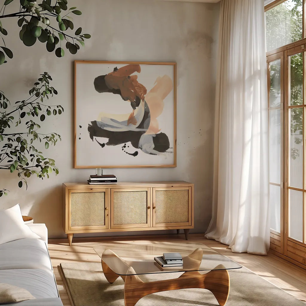 Refined Minimal IV by Chris Paschke. Shown in a natural wood frame in a cozy modern living room. Available as an archival giclee rolled canvas, fine art paper, or poster print. SKU 84548a.