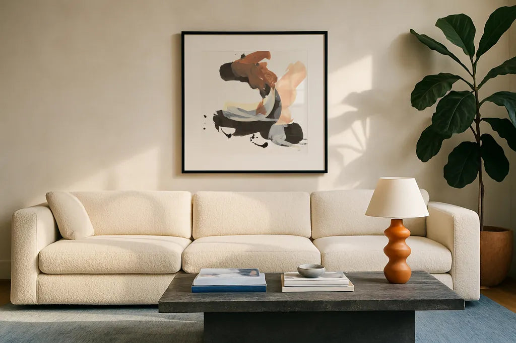 Refined Minimal IV by Chris Paschke. Displayed in a glass frame with matte in a clean modern living room. Available as an archival giclee rolled canvas, fine art paper, or poster print. SKU 84548a.