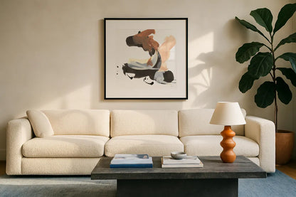 Refined Minimal IV by Chris Paschke. Displayed in a glass frame with matte in a clean modern living room. Available as an archival giclee rolled canvas, fine art paper, or poster print. SKU 84548a.
