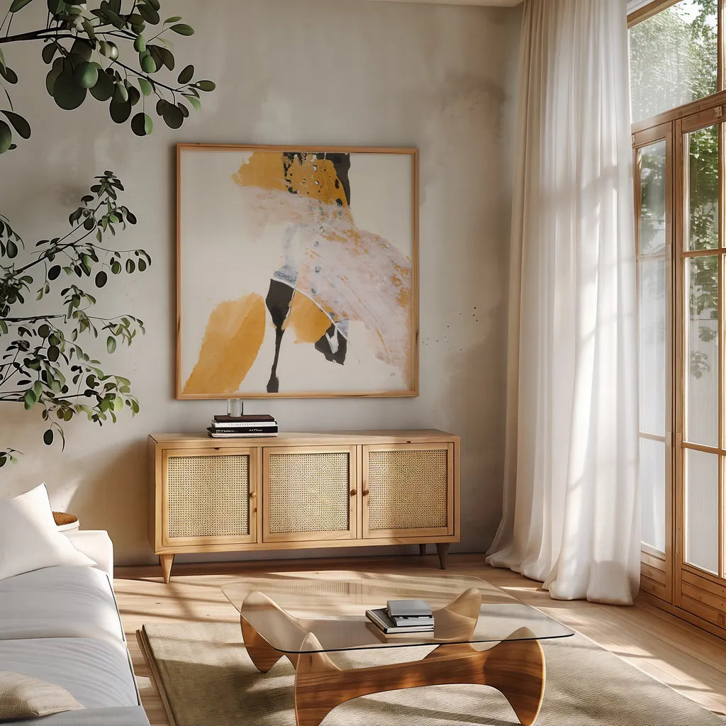 Resistance I by Chris Paschke. Shown in a natural wood frame in a cozy modern living room. Available as an archival giclee rolled canvas, fine art paper, or poster print. SKU 71903a.