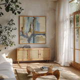River Run II by Chris Paschke. Shown in a natural wood frame in a cozy modern living room. Available as an archival giclee rolled canvas, fine art paper, or poster print. SKU 44554a.