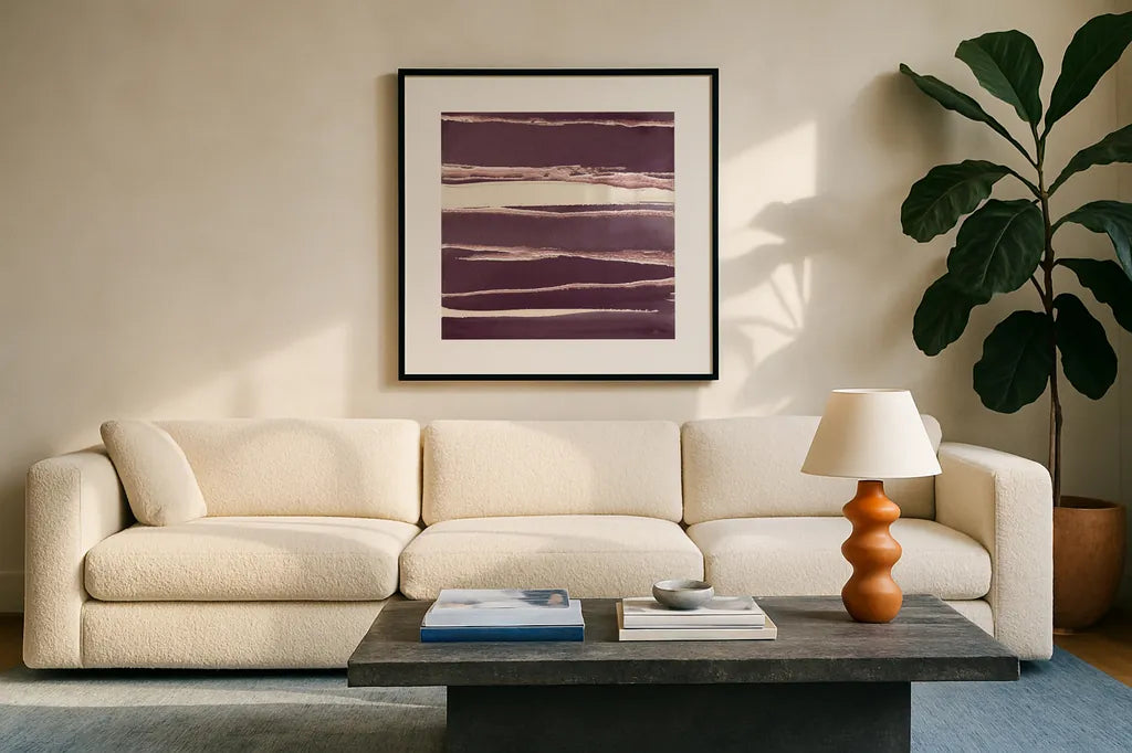 Rose Gold II Purple by Chris Paschke. Displayed in a glass frame with matte in a clean modern living room. Available as an archival giclee rolled canvas, fine art paper, or poster print. SKU 59360a.