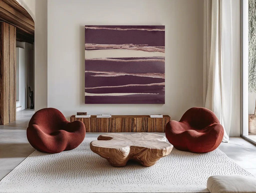 Rose Gold II Purple by Chris Paschke. Shown as extra-large giant wall art in a modern living room. Available as an archival giclee rolled canvas, fine art paper, or poster print. SKU 59360a.