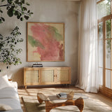 Rouge Growth I by Chris Paschke. Shown in a natural wood frame in a cozy modern living room. Available as an archival giclee rolled canvas, fine art paper, or poster print. SKU 37163a.