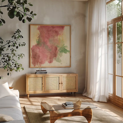 Rouge Growth II by Chris Paschke. Shown in a natural wood frame in a cozy modern living room. Available as an archival giclee rolled canvas, fine art paper, or poster print. SKU 37164a.