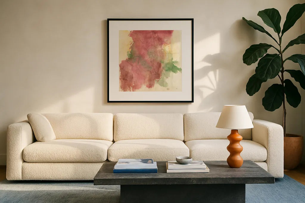 Rouge Growth II by Chris Paschke. Displayed in a glass frame with matte in a clean modern living room. Available as an archival giclee rolled canvas, fine art paper, or poster print. SKU 37164a.
