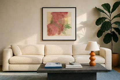 Rouge Growth II by Chris Paschke. Displayed in a glass frame with matte in a clean modern living room. Available as an archival giclee rolled canvas, fine art paper, or poster print. SKU 37164a.