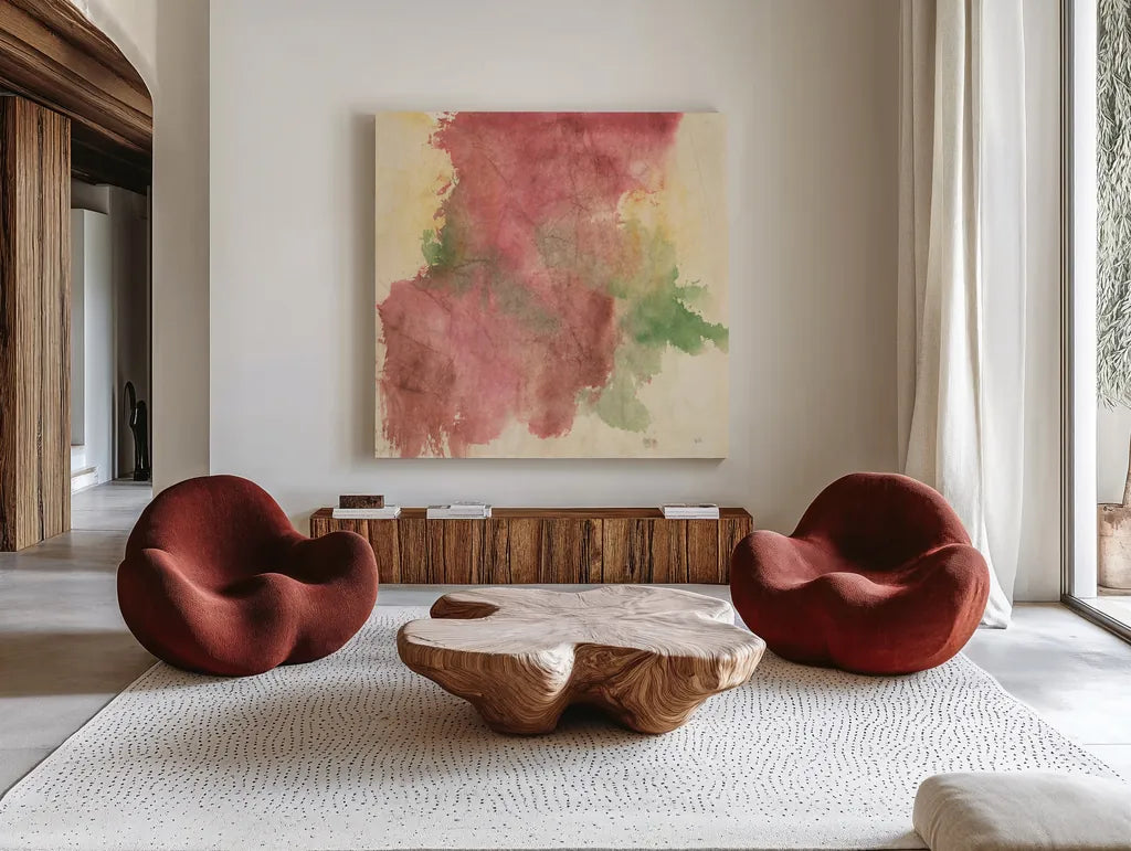 Rouge Growth II by Chris Paschke. Shown as extra-large giant wall art in a modern living room. Available as an archival giclee rolled canvas, fine art paper, or poster print. SKU 37164a.
