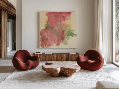 Rouge Growth II by Chris Paschke. Shown as extra-large giant wall art in a modern living room. Available as an archival giclee rolled canvas, fine art paper, or poster print. SKU 37164a.